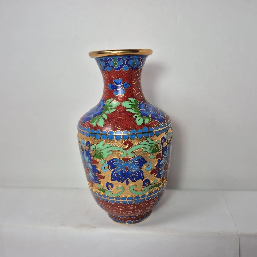 Vintage Chinese Jingfa Cloisonné Bud Vase Blue Aqua Rust Green Deep Cut 5.5